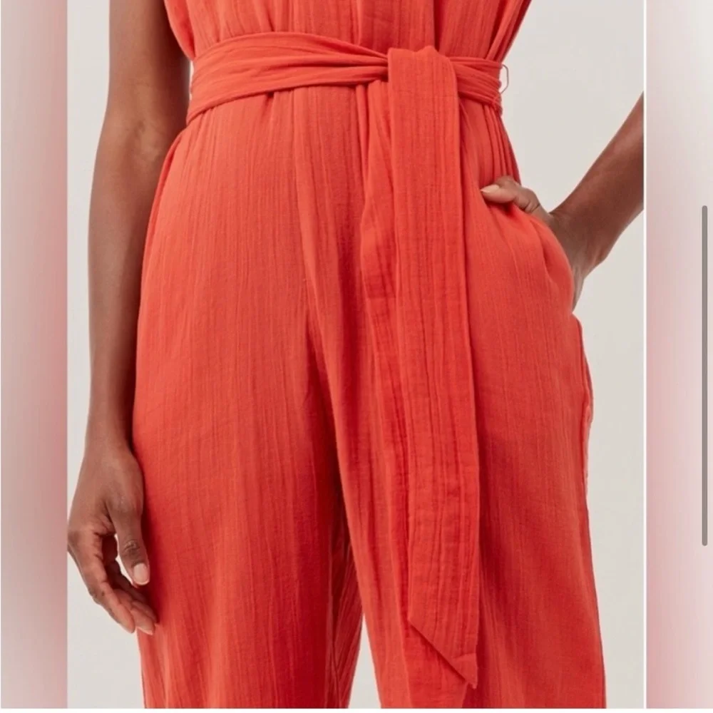Pact Coastal Double Gauze Belted Jumpsuit Organic Cotton Red XS NWOT - Picture 3 of 16